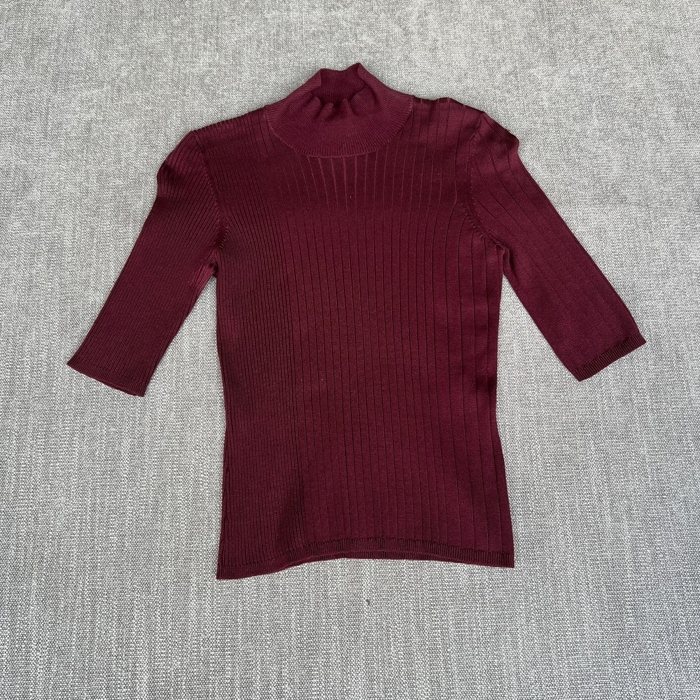 Urchin Sweater Womens XS Burgundy Ribbed Knit Silk Blend Elbow Sleeve Mock Neck